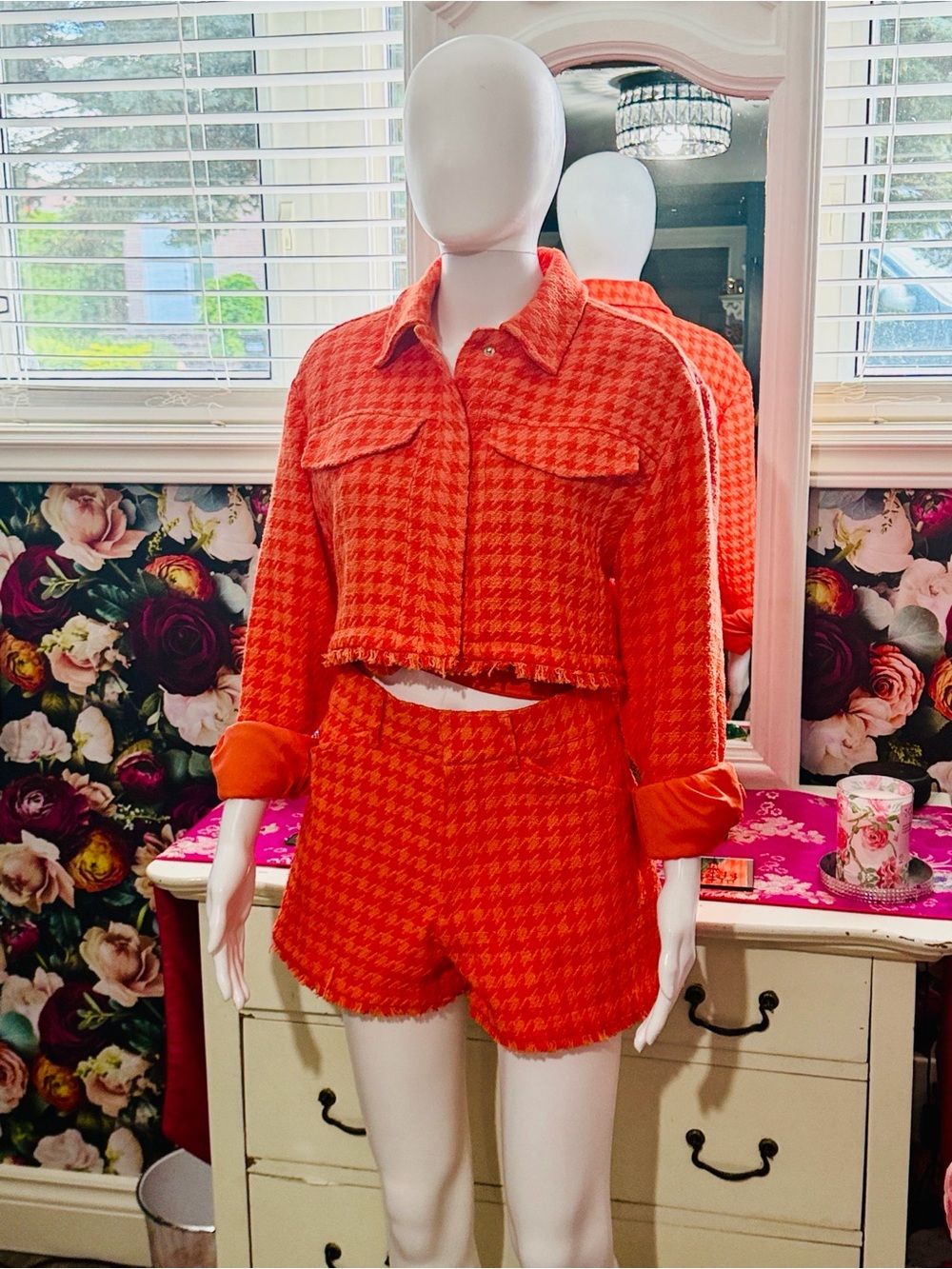 Zara Orange Houndstooth Teddy Jacket.